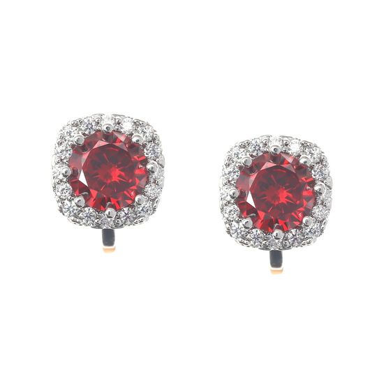 White Gold Plated Cushion Shaped Round Cut Red Cubic Zirconia Simulated Ruby Halo Clip On Earrings