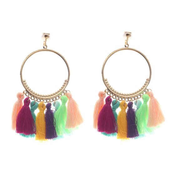 Multi Coloured Tassel Statement Drop Hoop Clip On Earrings