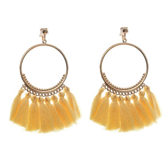 Yellow Tassel Statement Drop Hoop Clip On Earrings