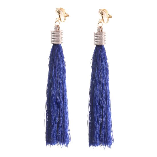 Blue Tassel Statement Drop Gold Tone Clip On Earrings