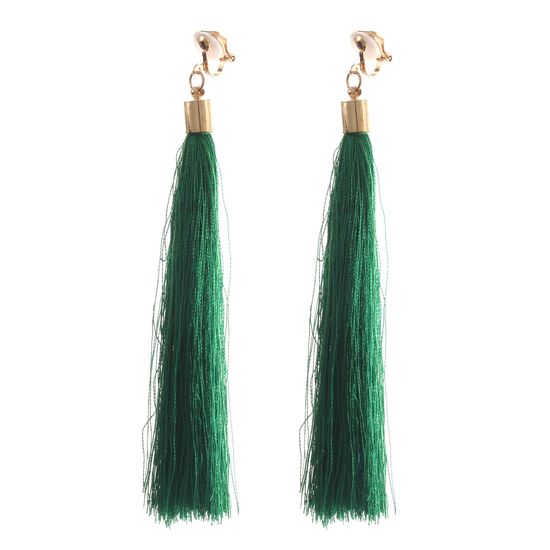 Green Boho Tassel Statement Drop Gold Tone Clip...