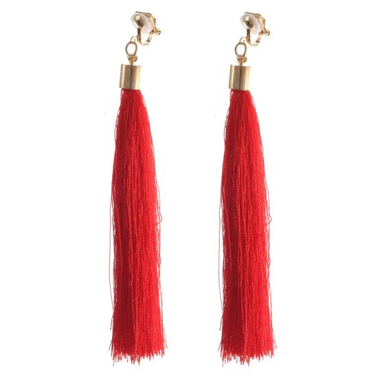 Red Boho Tassel Statement Drop Gold Tone Clip...