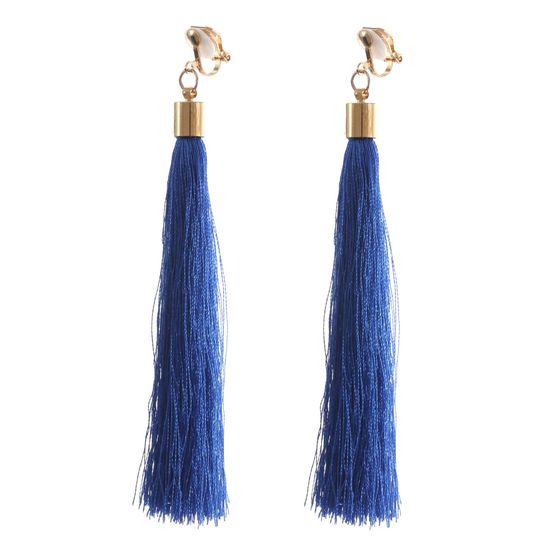 Blue Fringe Tassel Statement Drop Gold Tone Clip...