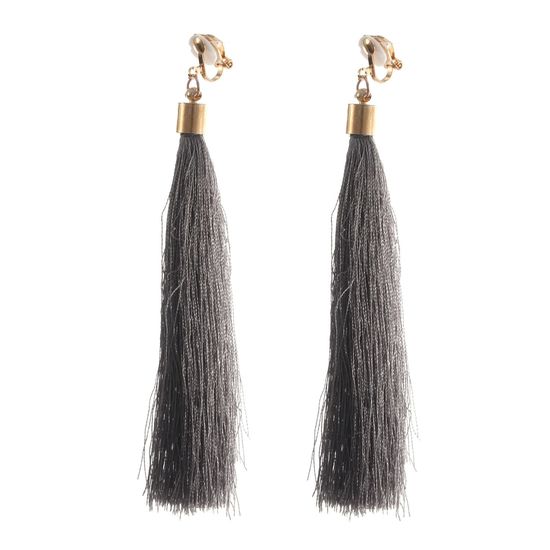 Gray Bohemian Tassel Statement Drop Gold Tone Clip On Earrings