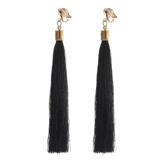 Black Ethnic Tassel Statement Drop Gold Tone Clip...