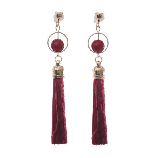 Red Burgundy Tassel with Bead and Circle Statement Drop Clip On Earrings