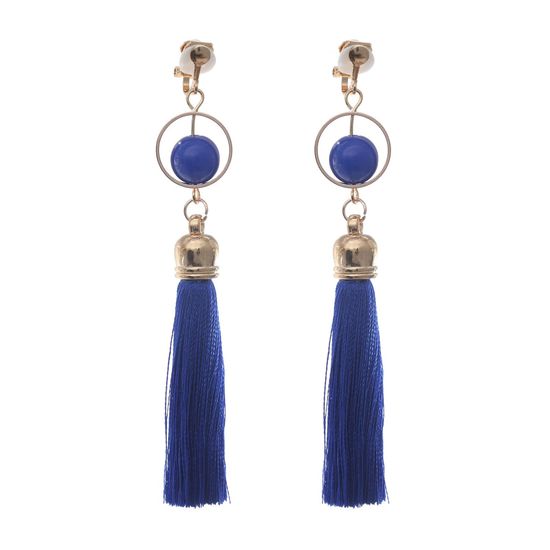 Blue Fringe Tassel with Bead and Circle Statement Drop Clip On Earrings