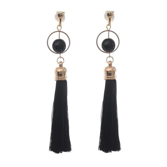 Black Boho Tassel with Bead and Circle Statement Drop Clip On Earrings