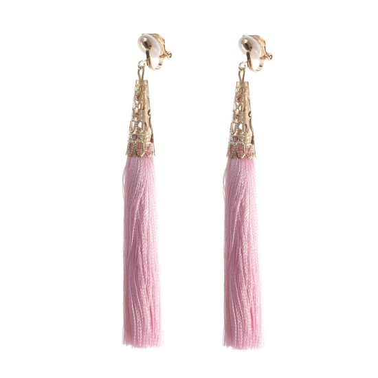 Pink Boho Tassel with Vintage Gold Caps Statement Drop Clip On Earrings