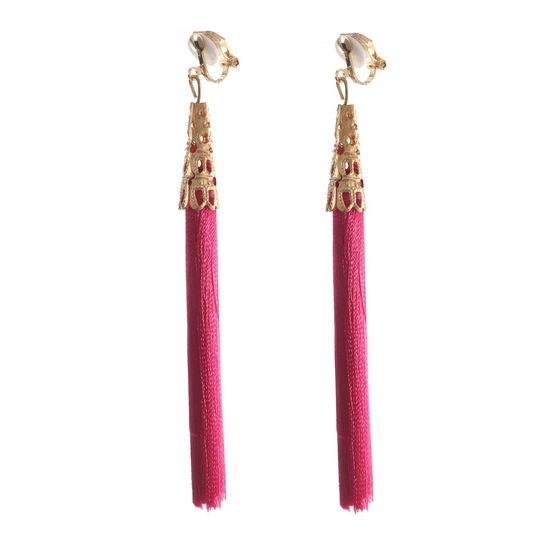 Fuchsia Fringe Tassel with Vintage Gold Caps Statement Drop Clip On Earrings