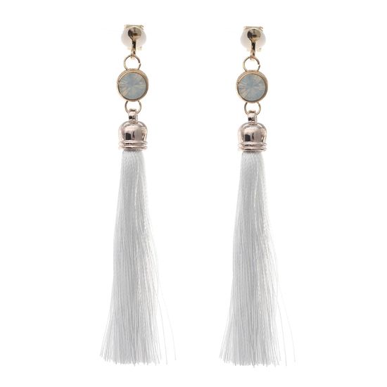 White Tassel with Opalesque Statement Drop Clip On Earrings