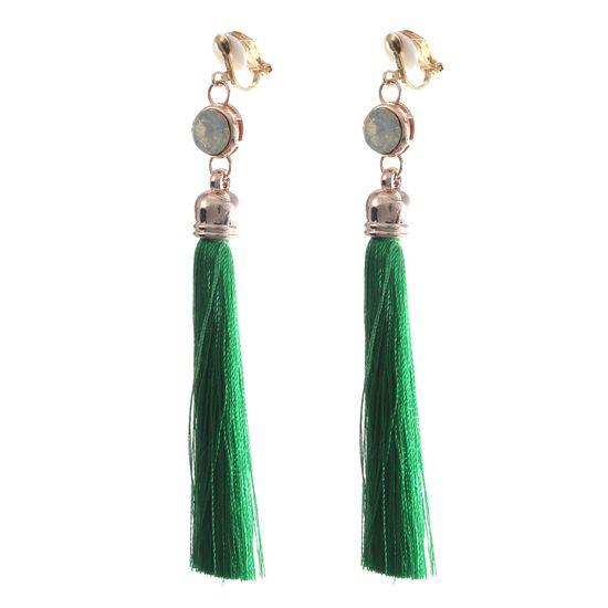Green Tassel with Opal-Like Statement Drop Clip On Earrings