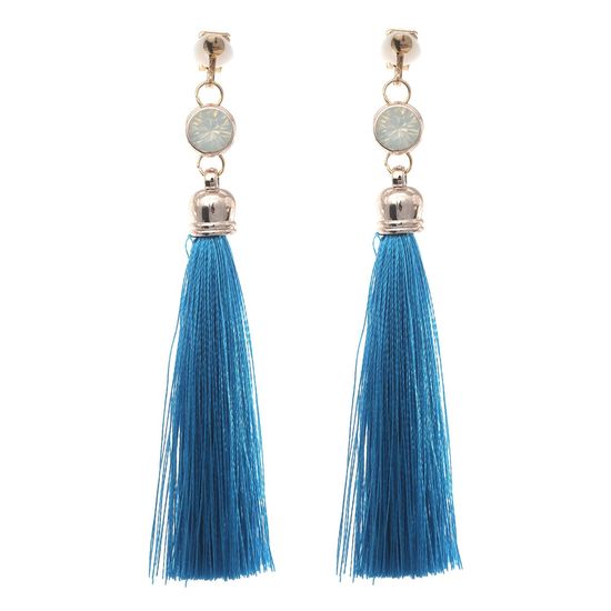 Blue Tassel with Opal-Like Statement Drop Clip On Earrings