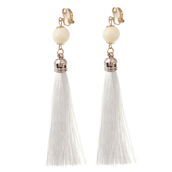 White Tassel with Bead Statement Drop Clip On...
