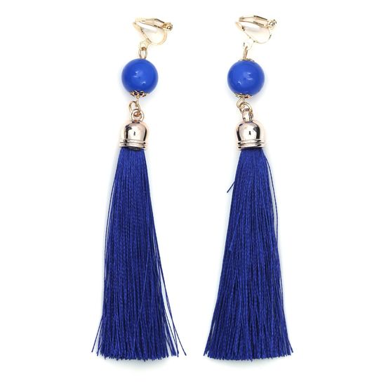 Blue Tassel with Bead Statement Drop Clip On Earrings