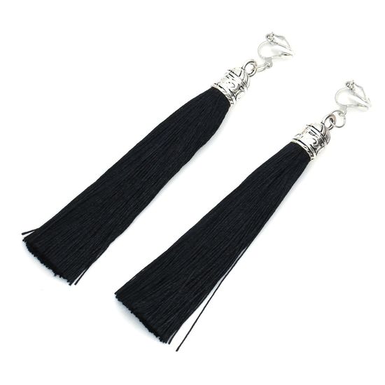 Black Tassel with Silver Tone Vintage Cap Statement Drop Clip On Earrings