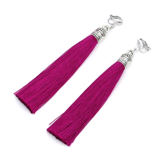 Fuchsia Tassel with Silver Tone Vintage Cap Statement Drop Clip On Earrings