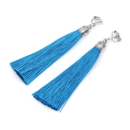 Blue Tassel with Silver Tone Vintage Cap Statement Drop Clip On Earrings