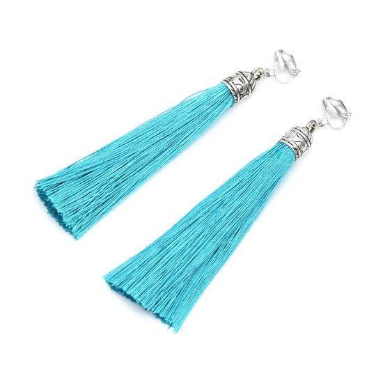 Sky Blue Tassel with Silver Tone Vintage Cap Statement Drop Clip On Earrings