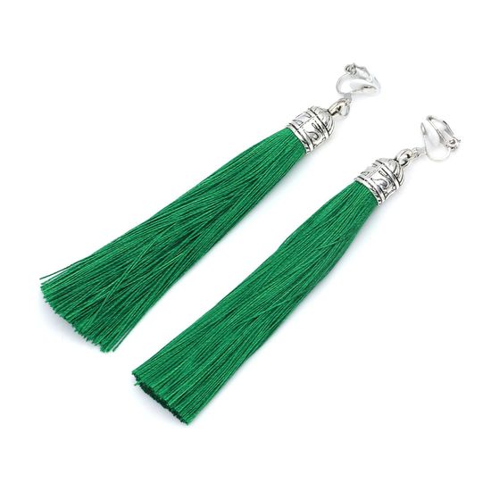 Green Tassel with Silver Tone Vintage Cap Statement Drop Clip On Earrings
