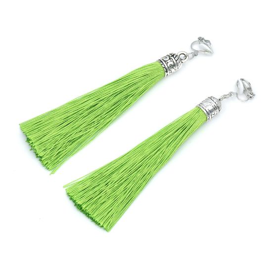 Light Green Tassel with Silver Tone Vintage Cap Statement Drop Clip On Earrings