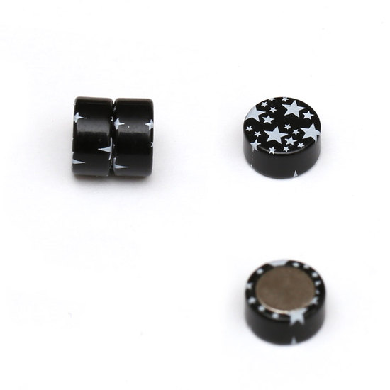 Black round acrylic with white star magnetic earrings for non-pierced ears 8 mm