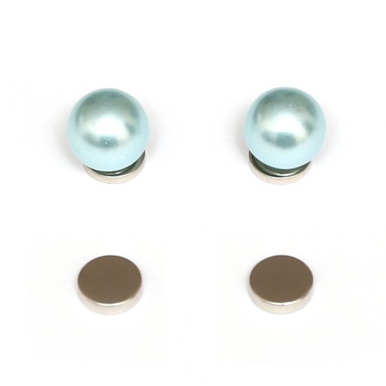 Aqua blue round simulated pearl magnetic earrings for non-pierced ears