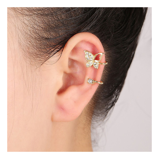 Non-pierced gold tone crystal butterfly ear cuff clip on earrings with gift box
