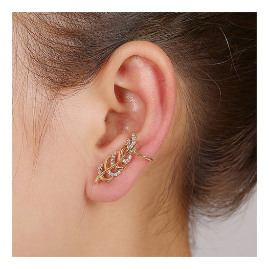 Gold plated pave crystal feather ear cuff earrings with gift box