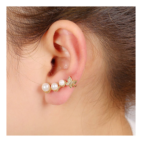 Gold plated faux pearls and butterfly ear cuff earrings with gift box