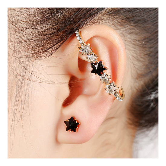 Gold-tone black and white star crystal ear cuff wrap earring