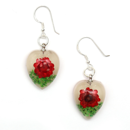 Red pressed flower in white heart resin drop earrings