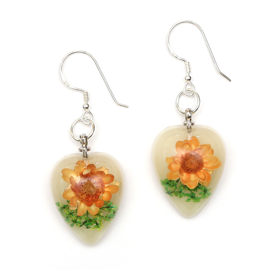 Orange pressed flower in white heart resin drop...