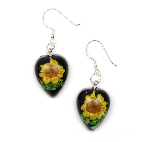 Yellow Pressed Flower in black heart resin