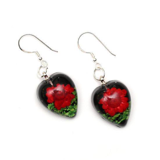 Red pressed flower in black heart resin drop earrings
