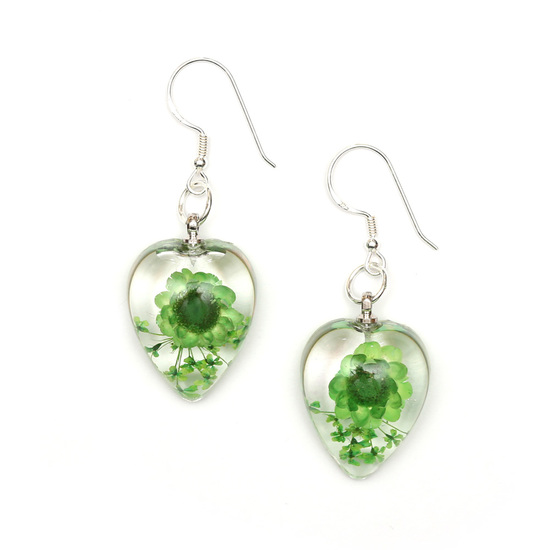 Green pressed flower in clear heart resin drop earrings
