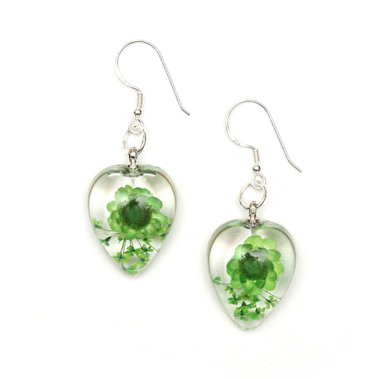 Green pressed flower in clear heart resin drop...