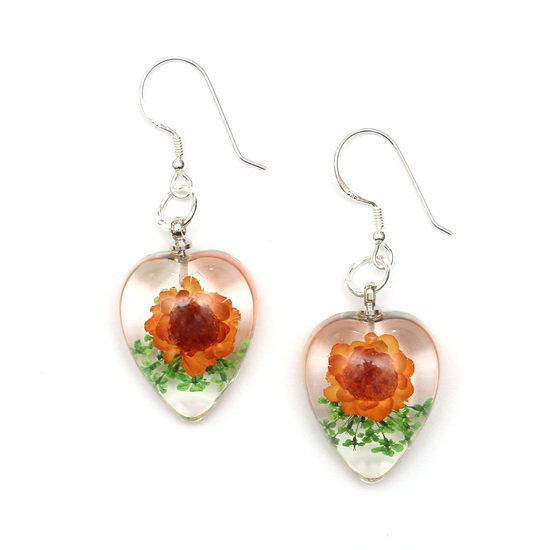 Orange pressed flower in clear heart resin drop earrings