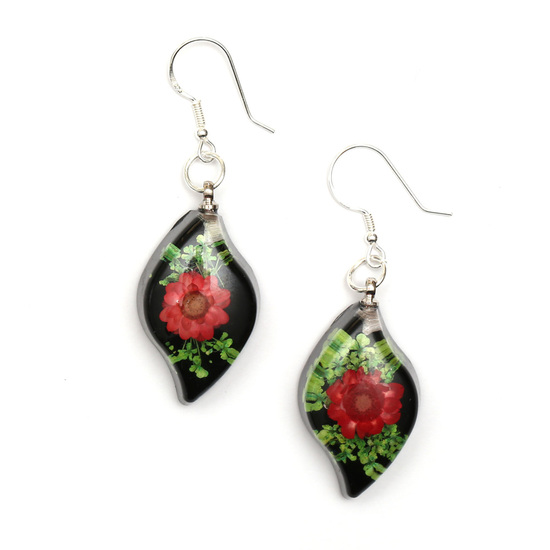 Red pressed flower in black leaf shaped resin drop earrings