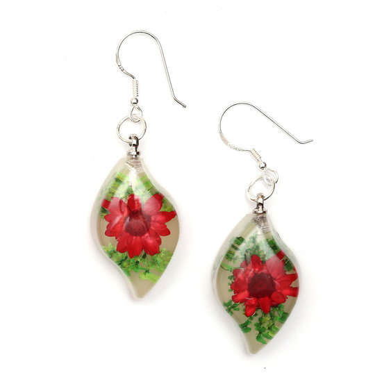 Red pressed flower in white leaf shaped resin drop earrings