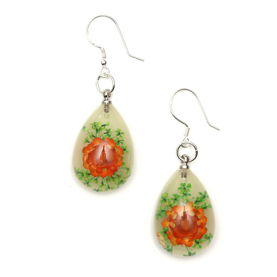 Orange pressed flower in white resin teardrop dangle earrings