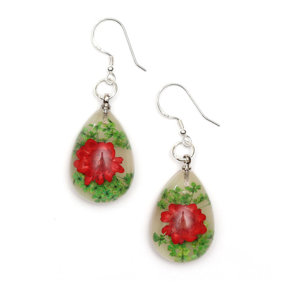 Red pressed flower in white resin teardrop dangle earrings