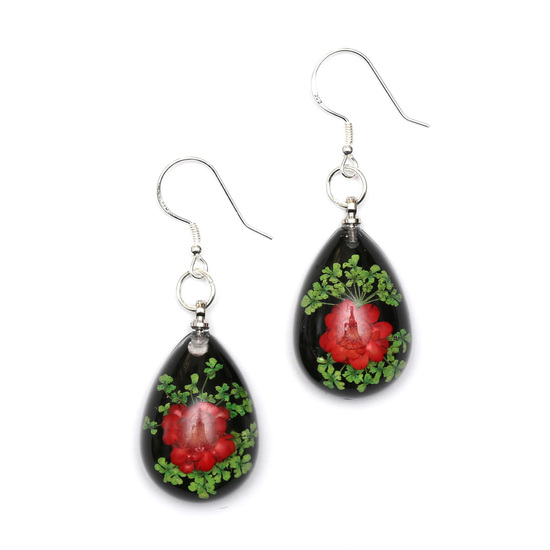 Red pressed flower in black resin teardrop dangle...