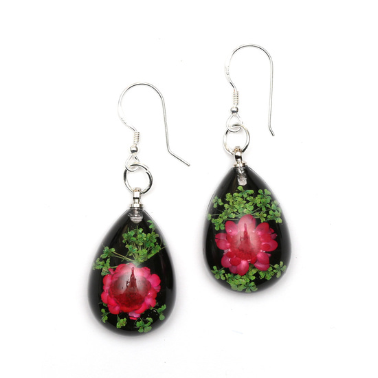 Pink pressed flower in black resin teardrop dangle earrings