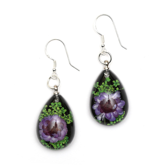 Purple pressed flower in black resin teardrop dangle earrings