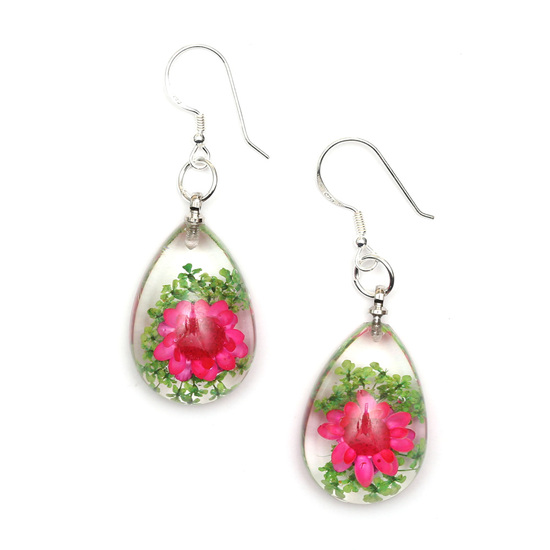 Pink pressed flower in clear resin teardrop dangle...