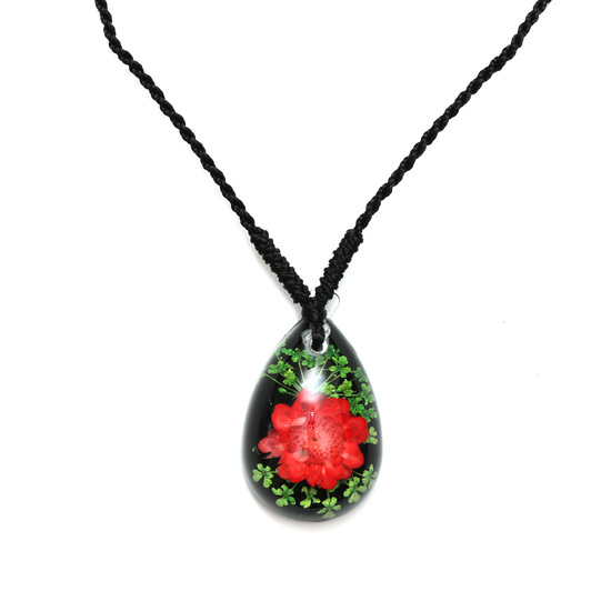 Red pressed flower in black resin teardrop pendant...