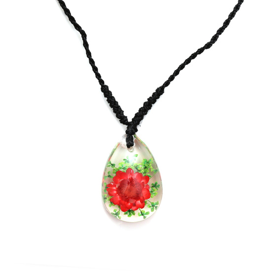 Red pressed flower in clear resin teardrop pendant...