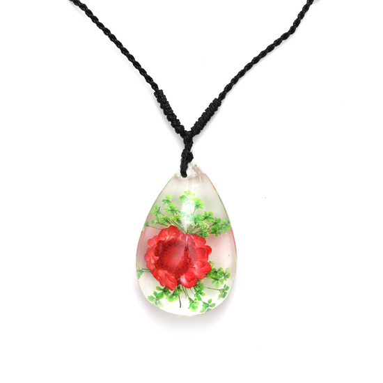 Red pressed flower in clear resin teardrop pendant...