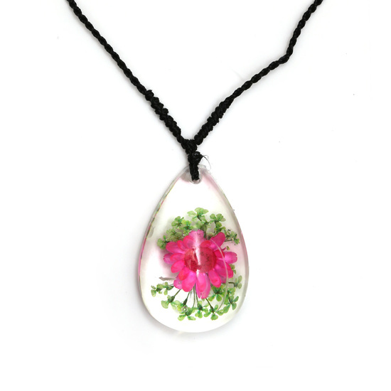 Pink pressed flower in clear resin teardrop pendant...